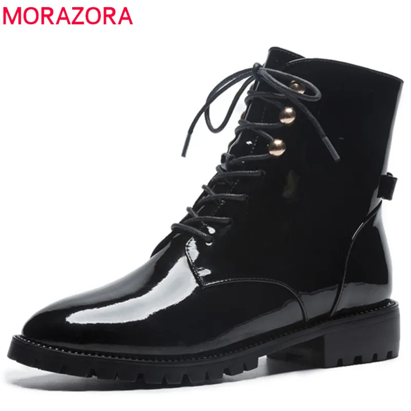 

MORAZORA 2019 top quality patent leather ankle boots women round toe lace up boots square heels boots punk shoes woman