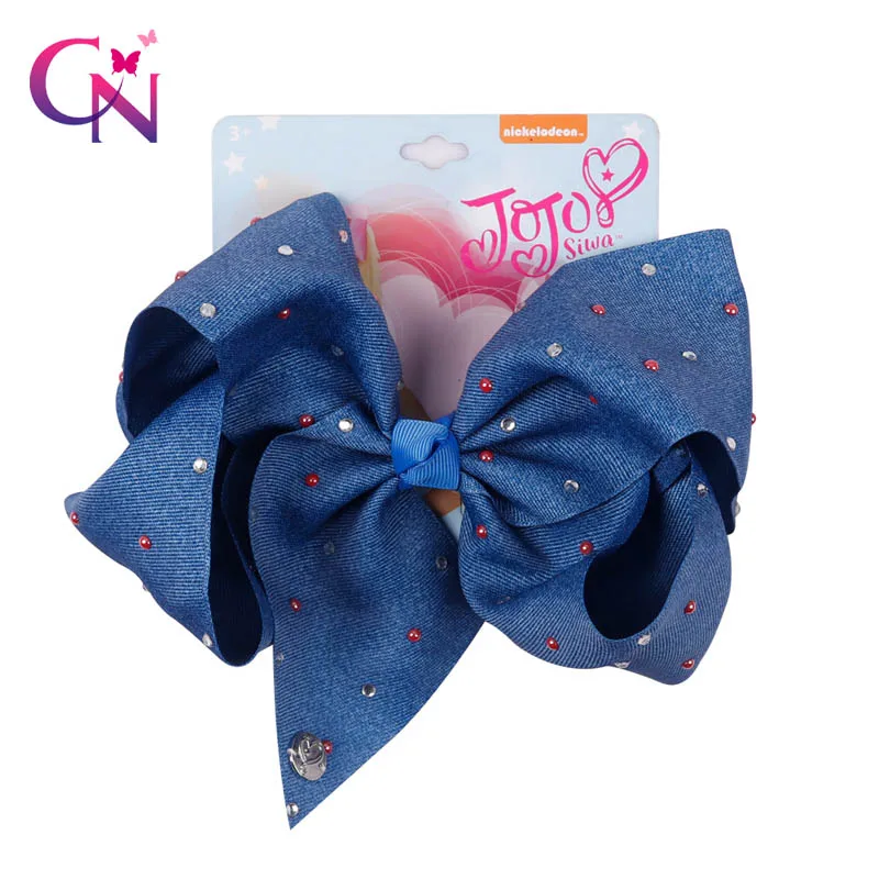 

8 Inch Jumbo Denim Dot Bow Clip Girl Pearl Hair Bow Handmade Soild Rhinestone School Hair Bows Kids Party Hair Accessories