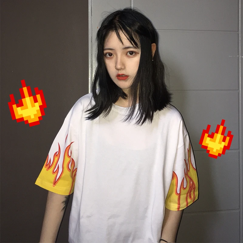 

Harajuku Women T-shirt Letter Flame Printed Top Tees 2019 New Summer Loose Casual Basic White Top Tees for Female