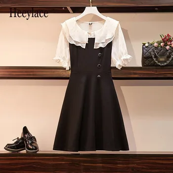 

2019 Women Summer Dress Korean Sexy Pleated Dress Party Dress Womens Fake 2 piece set Dresses Chiffon Vestidos Plus Size M-4XL