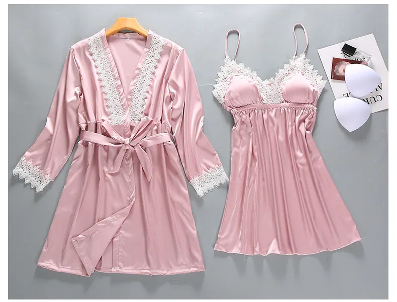 Queenral 2PCS Robe Gown Sets Women's Sleepwear Women Sexy Lace Bathrobe + Mini Night Dress Bathrobe Nightie Set Summer Lingerie 11