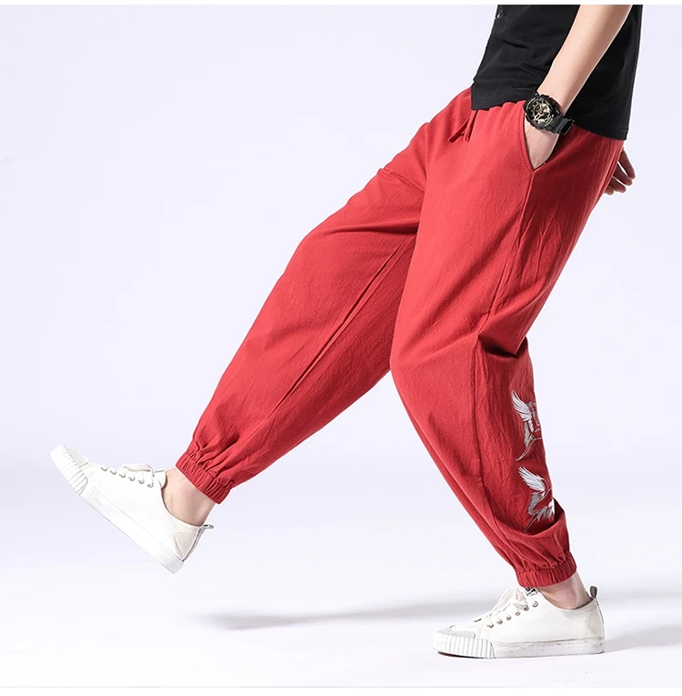 Plus Size Oversized Elastic Waist Pocket Embroidery Casual Cotton Linen Jogger Track Pant Slim Harem Japanese Hip Hop Streetwear
