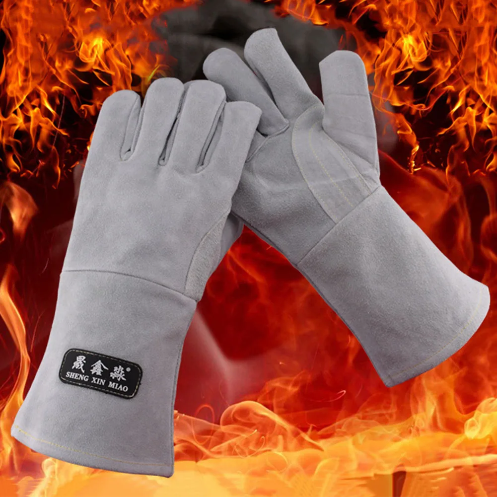 

1 Pair Sweat Absorbent Warm Synthetic Cowhide Leather Working Fireplace Protective Wear Resisting Double Layer Welding Gloves