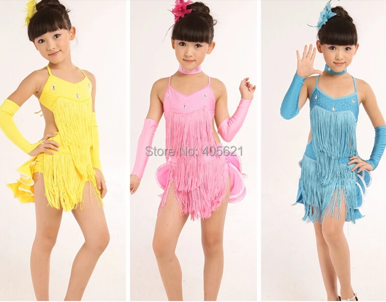 

20set/lot Girls Tassel Sequins Veil Dress Skirt Children's Dancewear Clothes Modern Latin Dance Stage Costume, 3 color