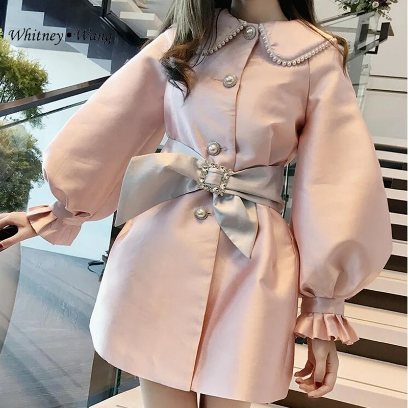 WHITNEY WANG 2019 Осенняя мода уличная милая жемчужина бисером воротник Бант пояс