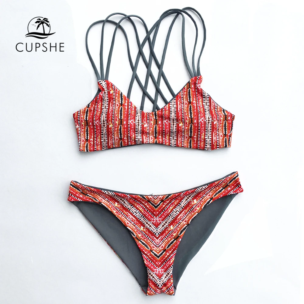 

CUPSHE Heated Love in Desert Cross Back Bikini Set Women Striped Two Pieces Thong Swimwear 2019 Beach Bathing Suits Swimsuits