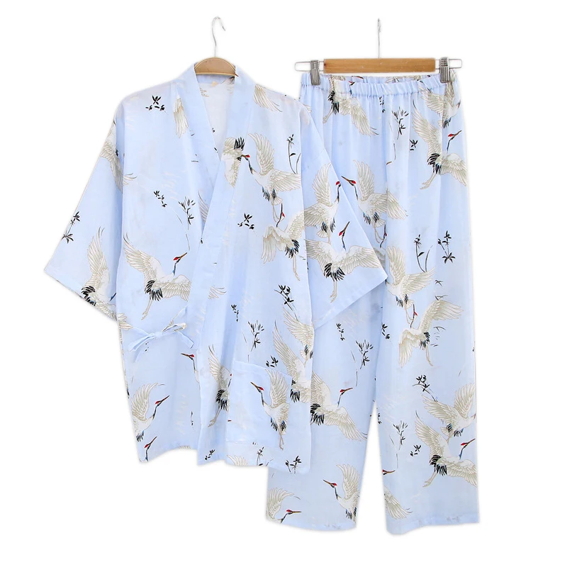 Summer fresh crane 100% cotton kimono robe womens pajamas sets japanese sleep indoor bathrobes yukata robes for women