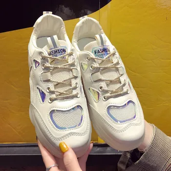 

New 2019 Spring Autumn Woman Running Shoes Fashion Net Surface Thick Sole Sneakers Woman Jelly Bottom Women Sports Shoes Y2-87