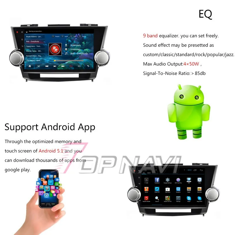 Topnavi 10," 4 ядра Android 6,0 Автомобильный мультимедийный для Highlander 2009 2010 2011 2012 2013 авто, без DVD