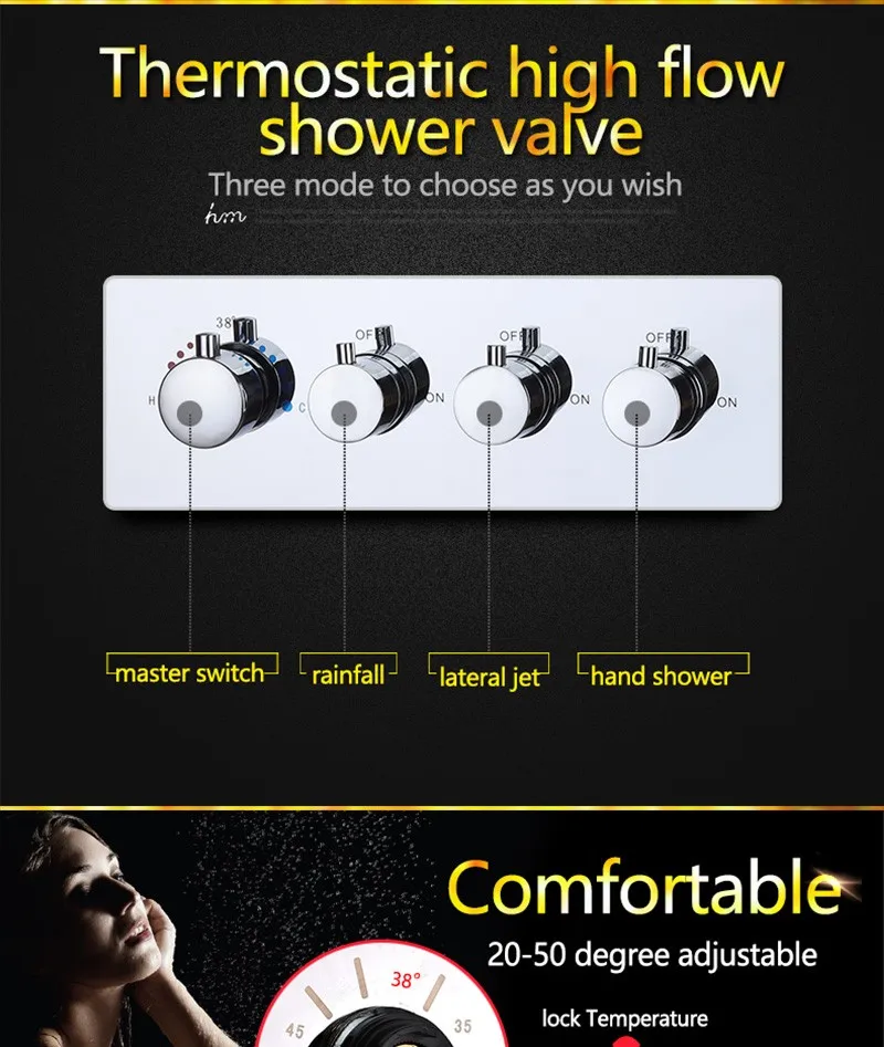 hm LED Rain Shower Set with 2 Lights with Handshower Body Jet Massage Thermostatic Mixer Bathroom Ceiling (7)