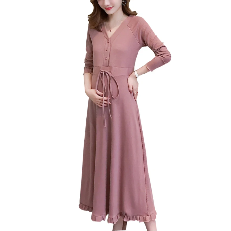 

Maternity Nursing Knit Dress Brest Feeding Drawstring Ruffle Elegant Dresses for Pregnant Women Fashion Pregnancy Clothes Autumn