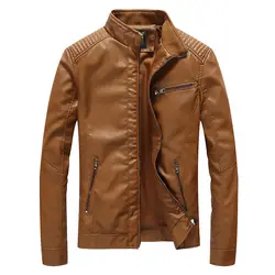 Куртка-бомбер из искусственной кожи для мужчин; сезон весна-осень; повседневный деловой плащ со стоячим воротником; мотоциклетная куртка