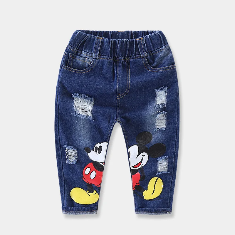 

Kids Boys Cartoon Denim Jeans Pants Baby Girls Trousers Broken Holes Ripped Cotton Soft Elastic Waist Casual Children Clothing
