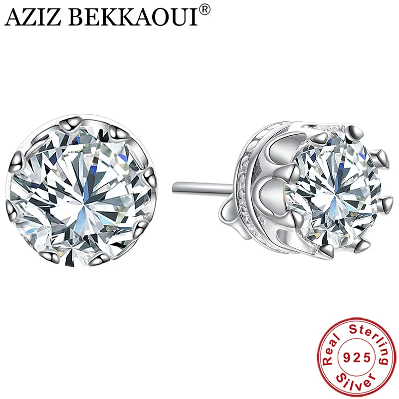 

AZIZ BEKKAOUI Authentic 925 Sterling Silver Classic Clear Cubic Zircon Small Crown Stud Earrings for Women Silver Jewelry