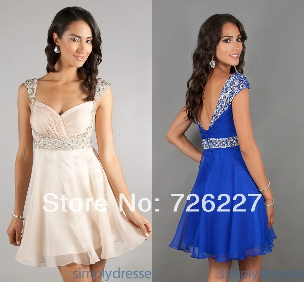 2014 Mini Fashion royal blue Free Shipping New Arrival Nude chiffon Plus size Sexy Crystals Short Prom gowns with Sleeves | Свадьбы и