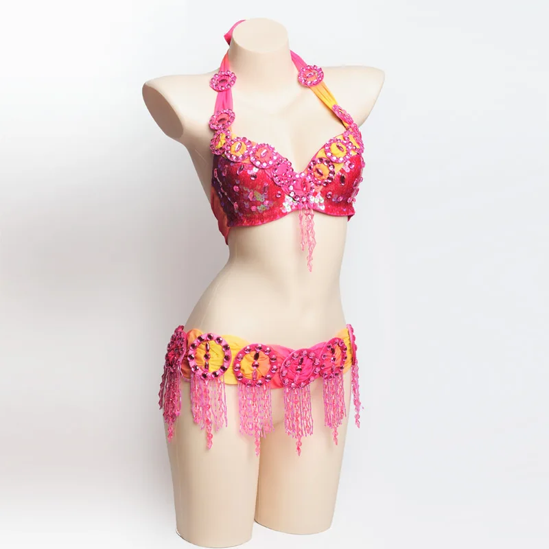 Лидер продаж, Женский комплект для танца живота, костюм для танца живота, сексуальная одежда, ночной танец живота, карнавальные топы, цепочка, бюстгальтер, пояс WY7112 - Цвет: Hot pink