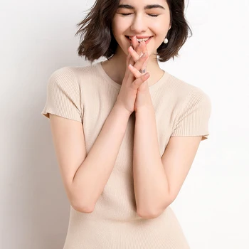 

Cashmere sweater female 2019 spring new solid color round neck slim thin short-sleeved casual wool sweater knitted top blouse