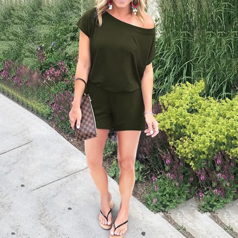 

Sexy Off Shoulder Solid Playsuits Summer Casual Short Sleeve Playsuit Women Rompers Shorts 2019 New Fashion Women Clothing