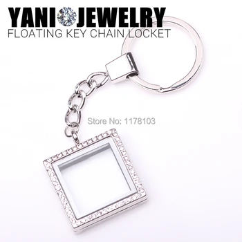 

10pcs/lot Newest Square Floating Locket Keychains Key Ring Rhinestones Magnetic Glass Floating Locket
