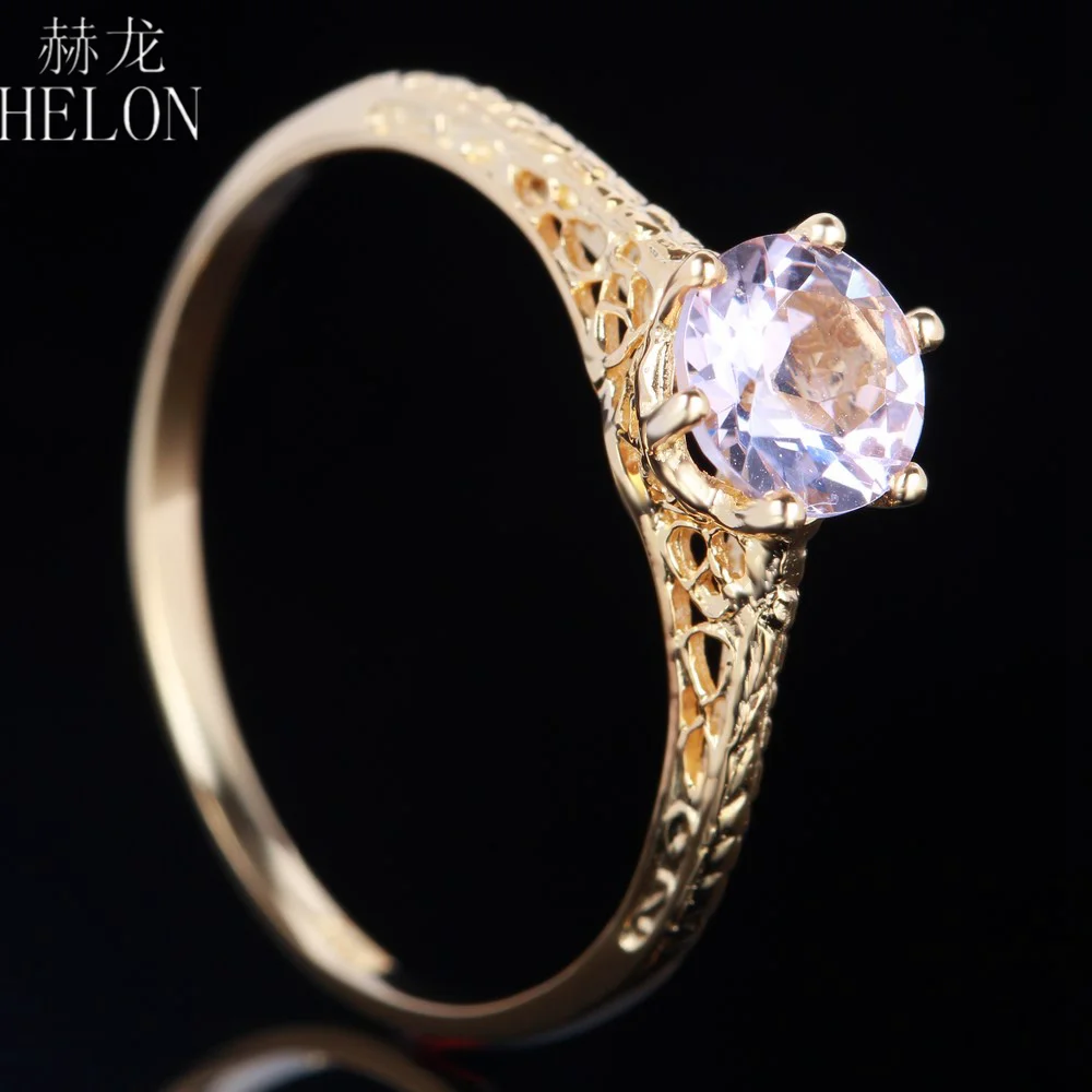 

HELON Art Deco 6mm 0.72ct Pink Morganite Fine Jewelry Solid 10k Yellow Gold Anniversary Vintage Exquisite Women Engagement Ring