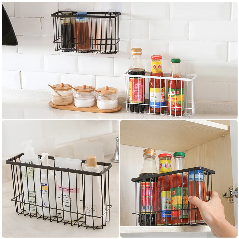 1PCs Kitchen Wall Mounted Iron Storage Basket Desktop Bathroom Sundries Hanging With Seamless Film | Дом и сад