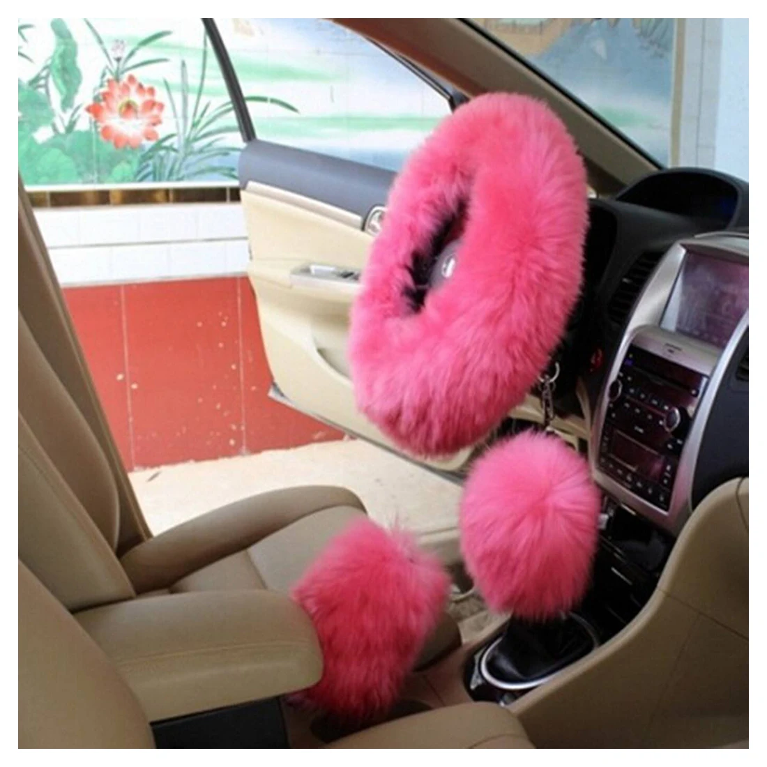3 pcs Pink Car Steering Wheel Cover Long Wool Plush