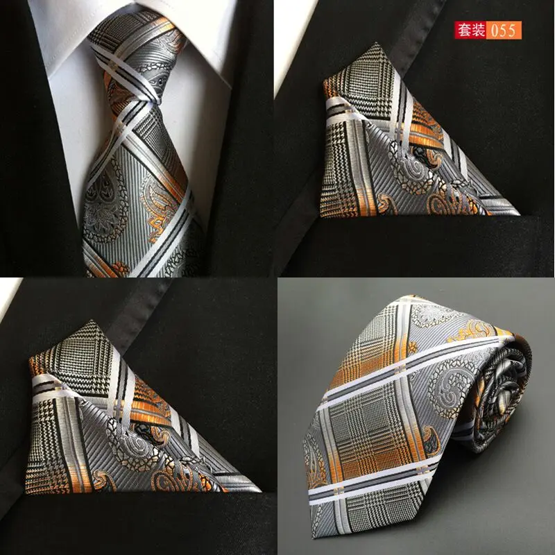 

8 cm mens ties and handkerchief sets wedding formal tie for men jacquard stripe necktie pocket squares blue orange fashion 2018
