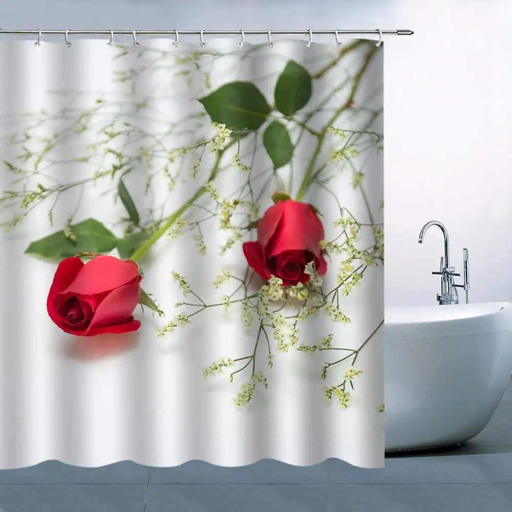 Flower Shower Curtain Decor, Red Rose Green Leaves Fabric Machine ...