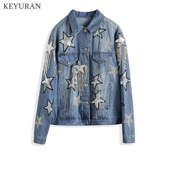 

New Spring Women Heavy Shiny Pentagram Embroidered Sequins Denim Jacket Student Girls Beaded Fringed Cowboy Jacket Female Jeans