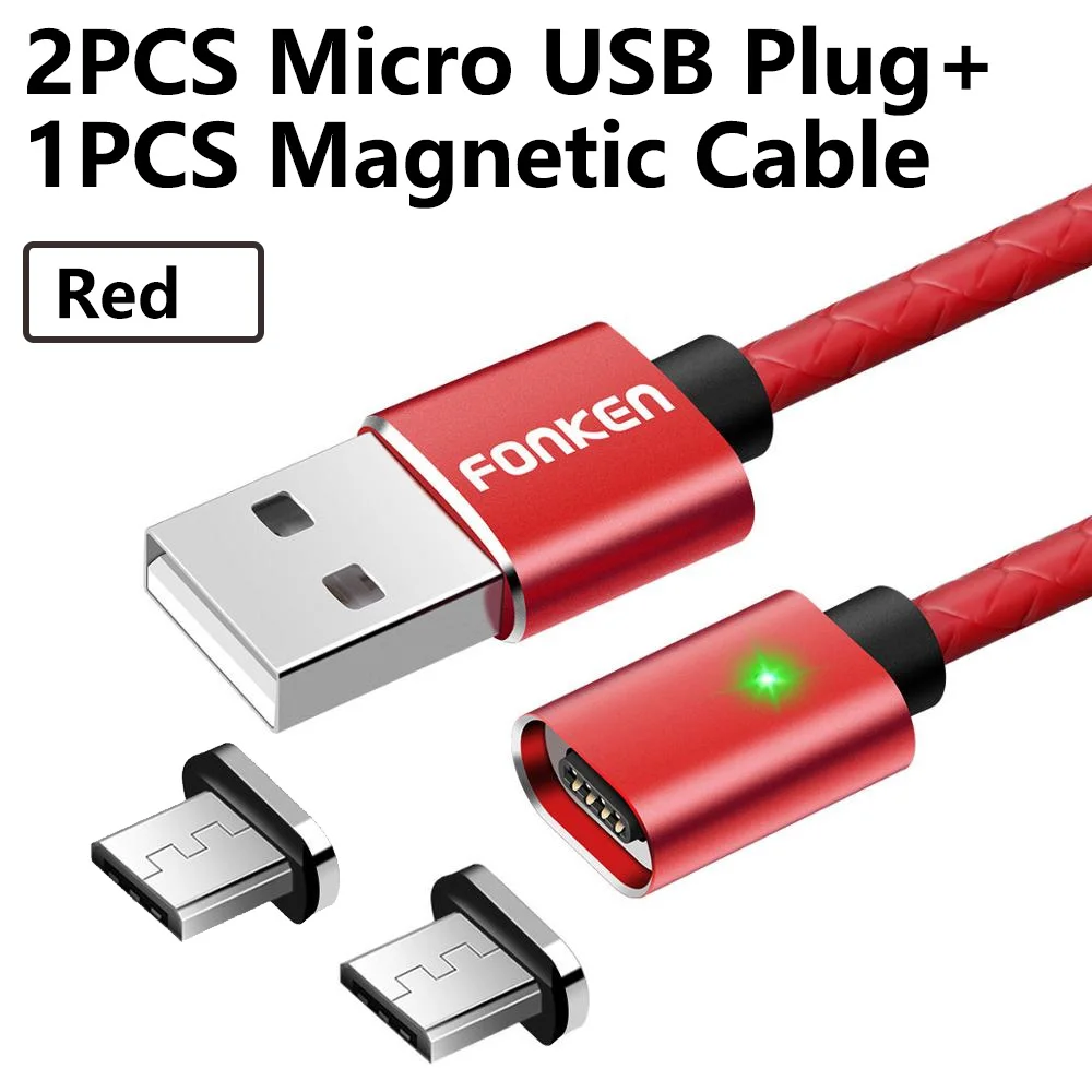 FONKEN Micro USB кабель Магнитный кабель для быстрой зарядки Max 2.4A светодиодный кабель для зарядки и синхронизации данных мини USB Магнитный кабель для мобильного телефона - Цвет: 2 Plug 1 red cord