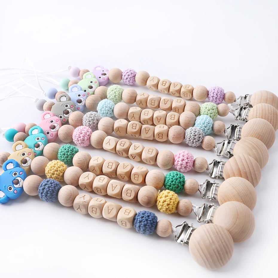 1PC Pacifier Chain Silicone Koala Crown Wooden Beads Binky Clip Customized Baby Name Baby Gifts DIY Baby Pacifier Clip Teether