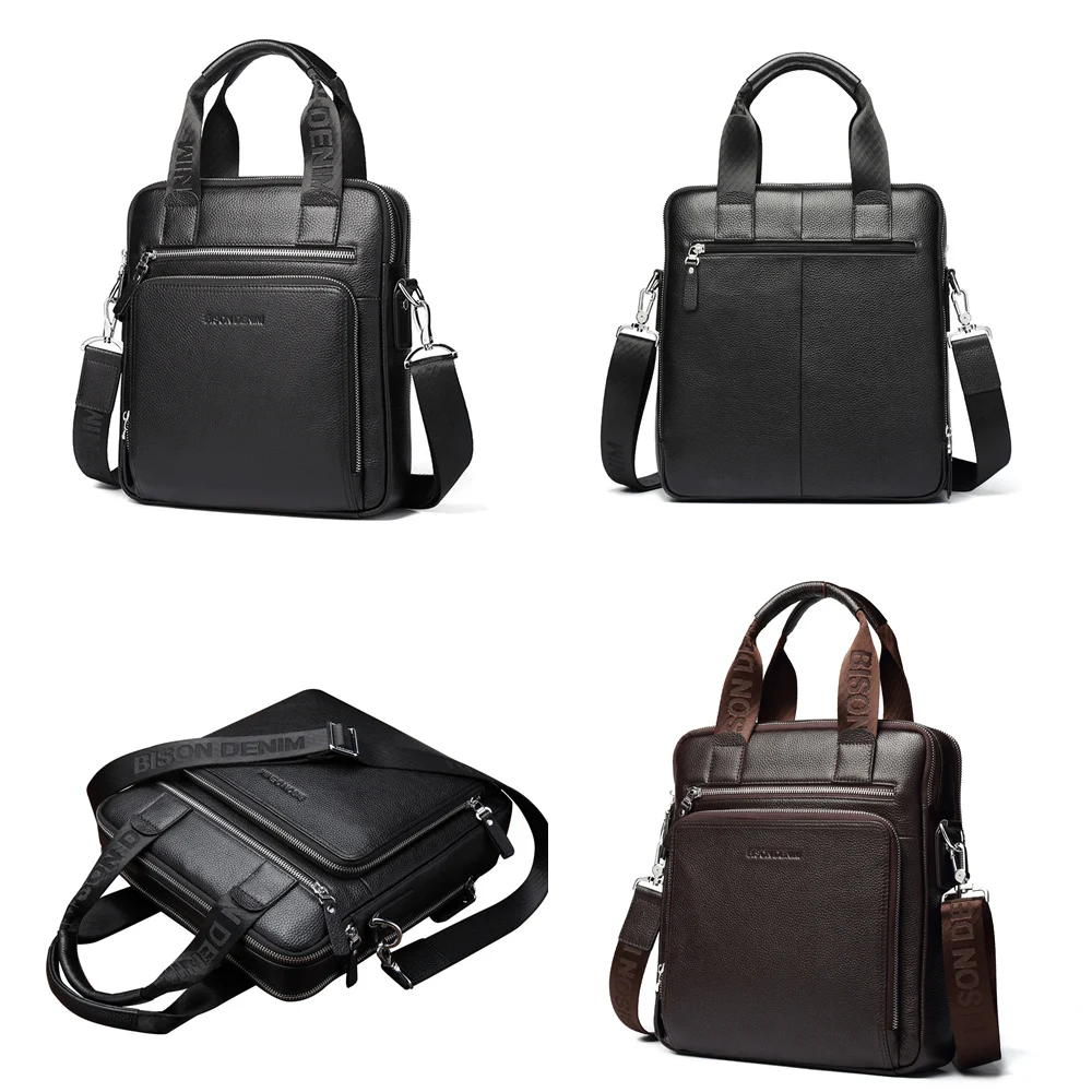 BISON DENIM Genuine Leather Men's Briefcase Business Handbag Shoulder Messenger ipad Laptop Bag Men's Tote N2333 student briefcase
