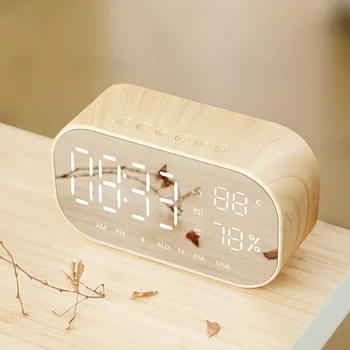 

Wooden Alarm Clock Electronic Bluetooth Digital Subwoofer Mirror FM Radio Despertador Snooze Function Watch