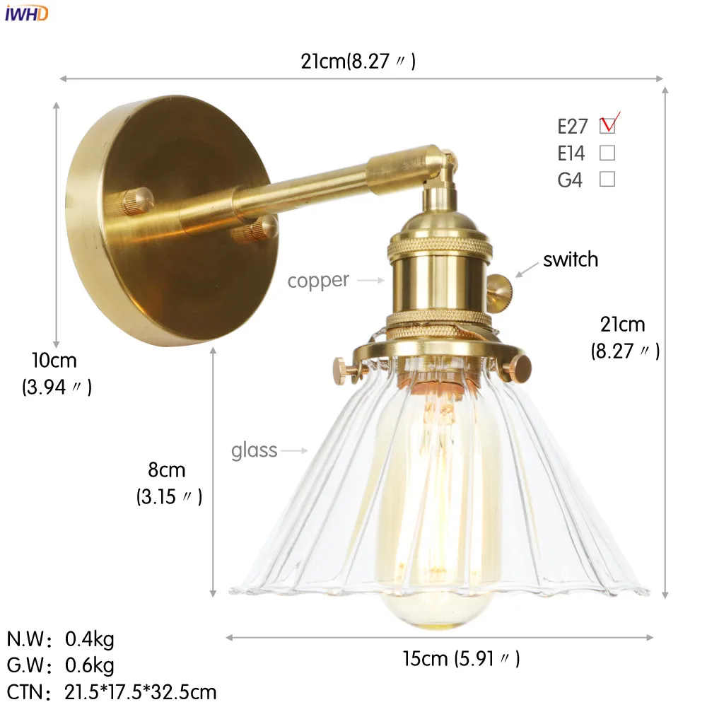 IWHD Nordic Стекло мяч Медь настенный светильник Спальня Ванная комната зеркало переключатель Эдисон Ретро светодиодный настенный светильник