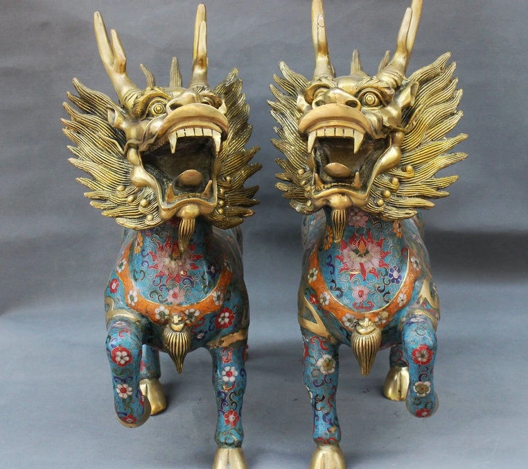 

19"Old Chinese Folk FengShui Palace Cloisonne Gilt Beast Qilin Kylin Statue Pair