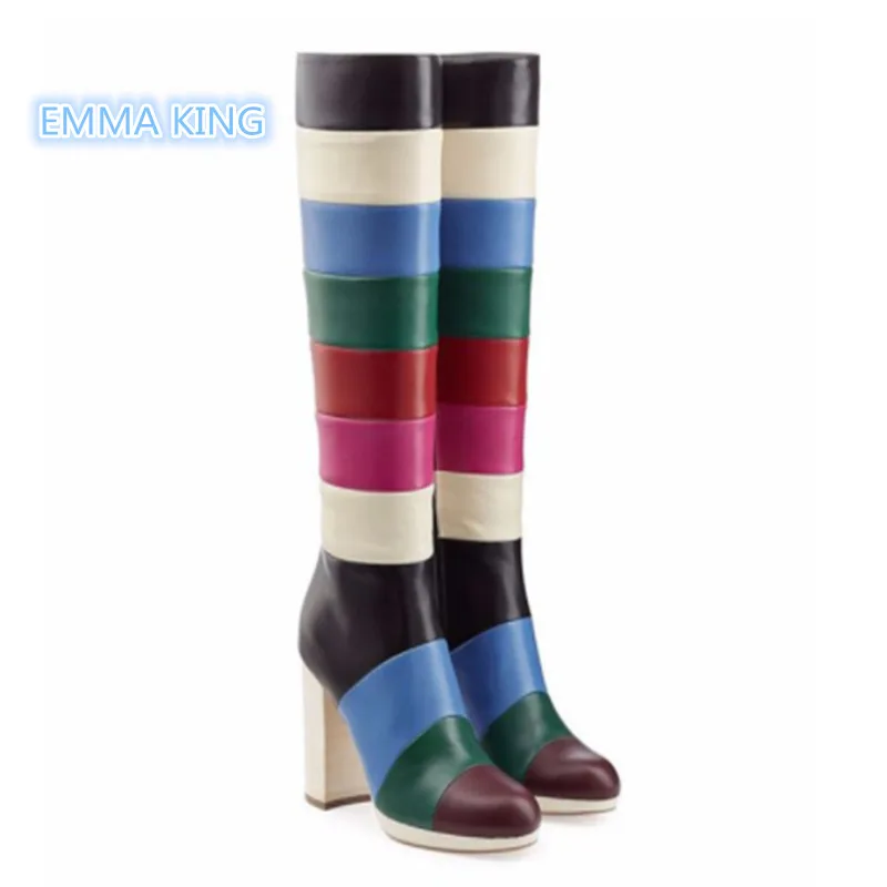 Pointu Coloré Mode Mélangées Picture Chunky Chaussures Latérale Femmes Mujer Genou Rond Bout Botas Bottes Haute Talons As Couleurs Hauts Glissière rr8HP0