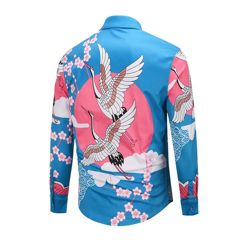 Goedkoop Mannen Lente Bloemen Crane Mannelijke Casual Shirt Lange Mouw Slim Fit Shirt Fashion Top Tees Camisas Para Hombre Chemise Homme
