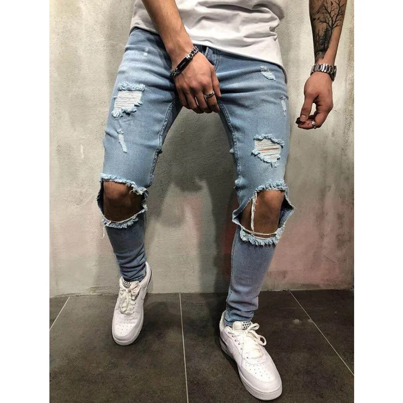 

Fashion Man Hole Jeans Pencil Pants Pockets Full Length Slim Denim Pants Casual Men Streetwear New