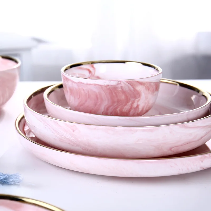 Керамическая тарелка с Розовым Мрамором 1 шт. рисовая салатная лапша миска