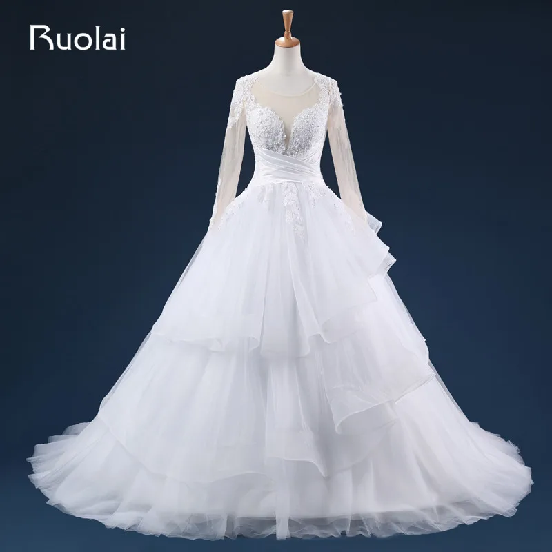 New Arrival font b Wedding b font Dresses Long Sleeves Scoop Tulle Appliques Zip Back Cross