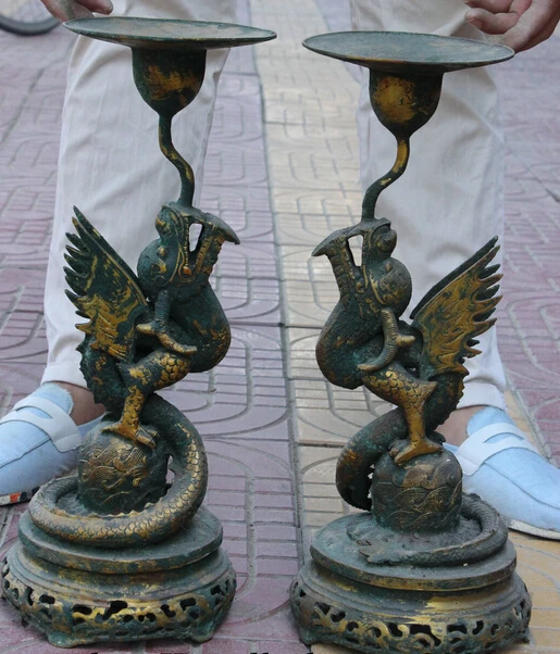 

wholesale factory 17 Folk Chinese Bronze Gilt Dynasty Palace Fly Dragon Statue Candle Stick Pair