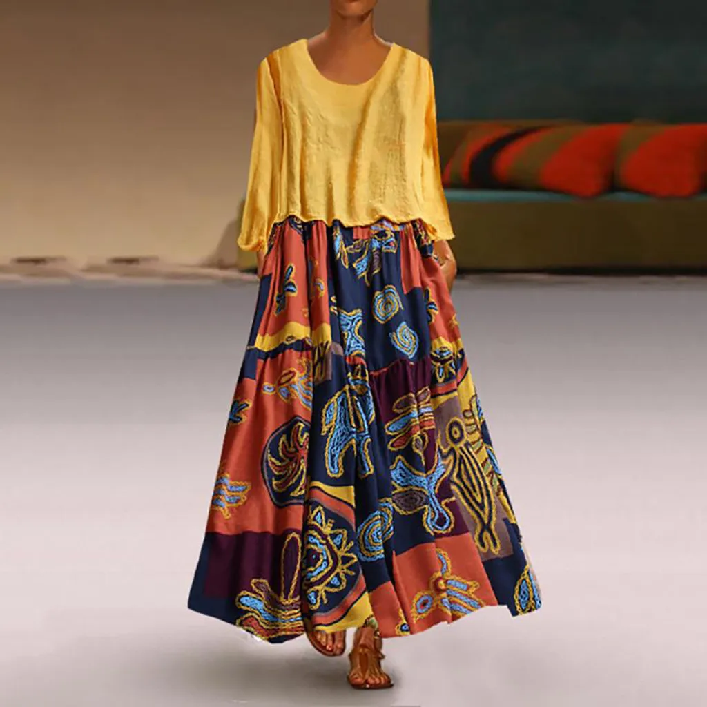 2019 الصيف مثير المرأة زائد حجم خليط اثنين من قطعة س الرقبة المعصم طباعة خمر ماكسي اللباس vestido رداء فام vestidos دي فيستا