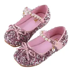 Обувь для девочек с бантом на плоской подошве без шнуровки, блестящие лоферы, детская обувь с блестками, обувь принцессы для детей 3-11 лет