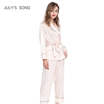 

JULY'S SONG Women Faux Silk Satin Pajamas Set 2 Piece Spring Summer Long Sleeve Sleepwear Pajamas Suit Female Sleep Homewear