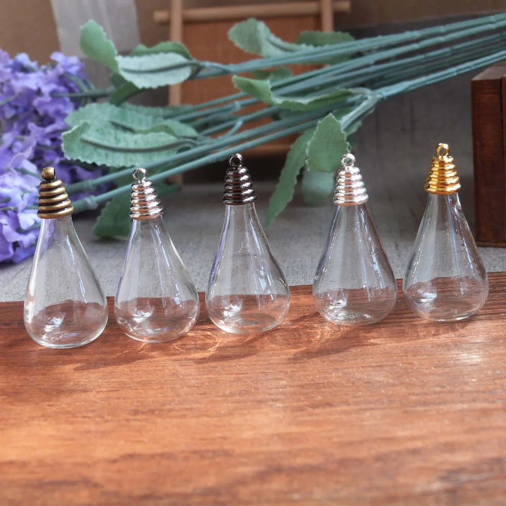 

10set--18x30x6mm flat back water drop shape clear glass globe bottle & cap for diy pendant chamrs--color option
