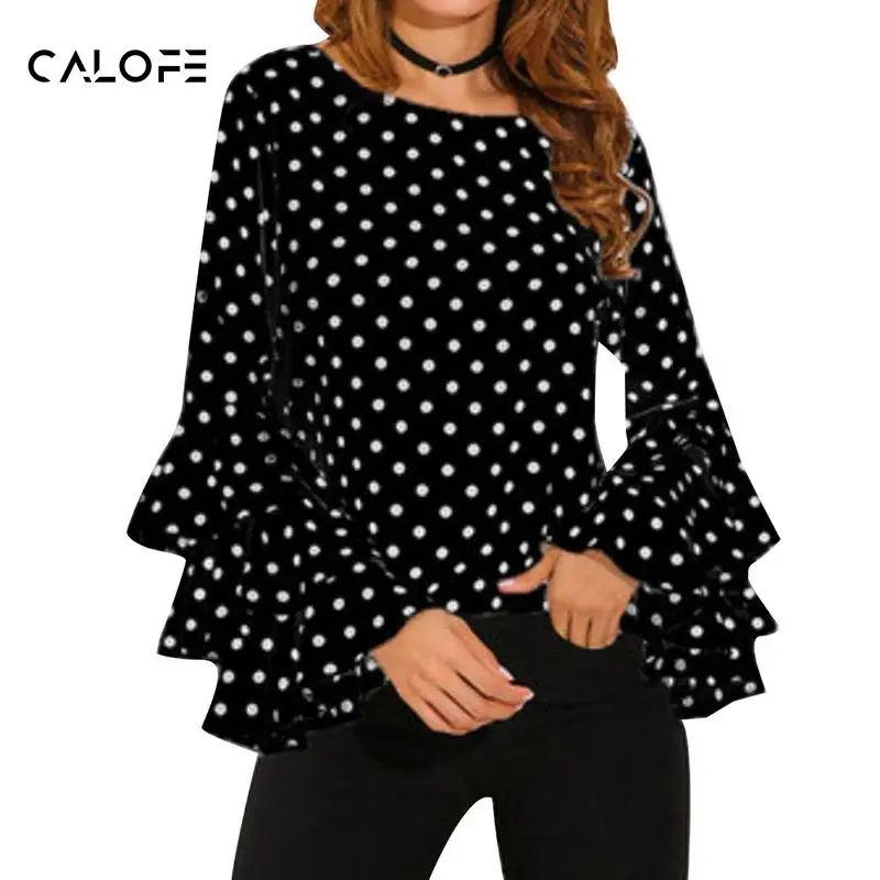 

CALOFE Fashion Dot Print Flare Sleeve Women Blusa O-neck Long Sleeve Chiffon Shirts Ladies Tops Korean White Black Blouse 5XL