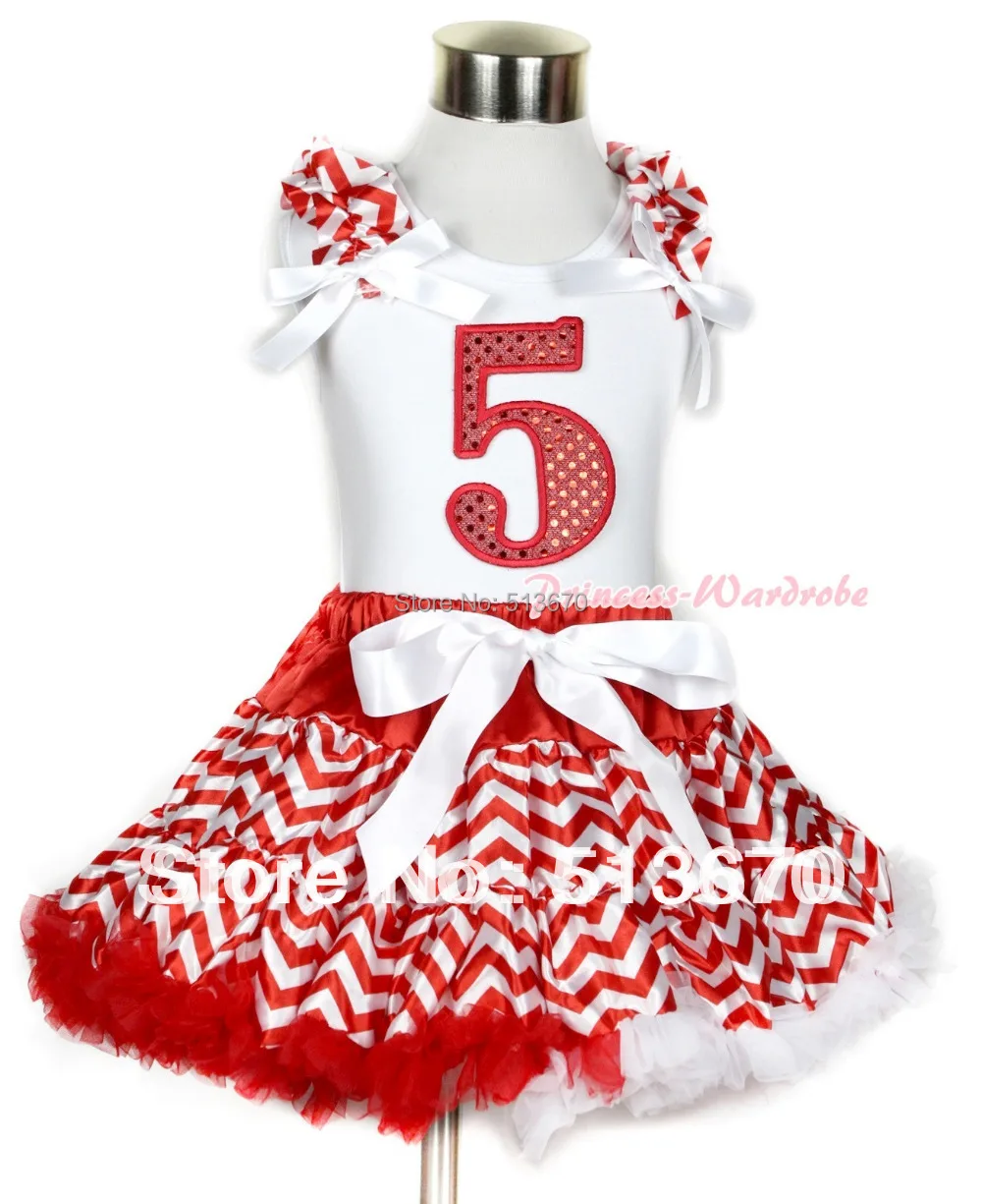 

Xmas White Tank Top 5th Sparkle Red Birthday Number Red White Wave Ruffles & White Bow & Red White Wave Pettiskirt MAMG750