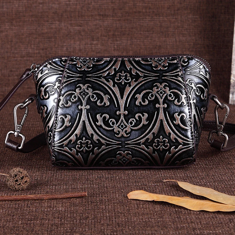 

Vintage Ladies Embossed Cross Body Bags Female Cowhide Messenger Bag High Quality Genuine Leather Travel Women Shoulder Bag