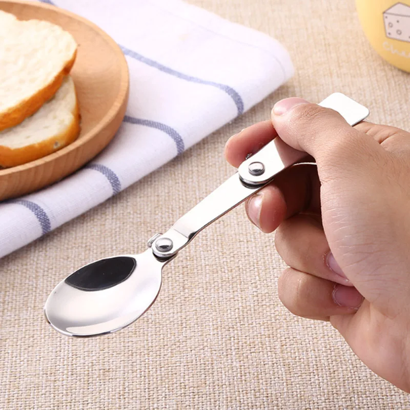 1PC Travel Camping Survival Set Portable Folding Round Spoon Salad Spoon Hiking stainless steel Camping Outdoor Tableware