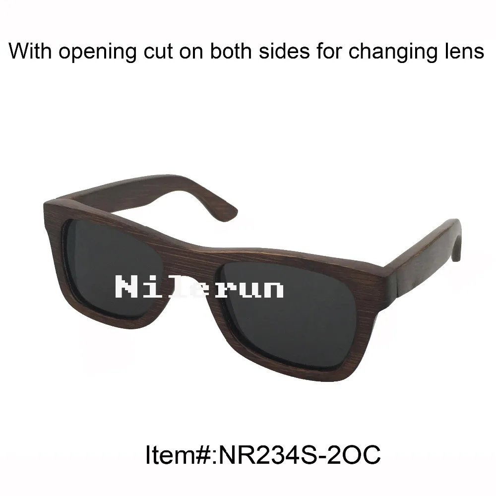 

fashion lady's small dark brown bamboo sunglasses with opening cut and grey polarized lens